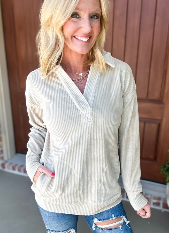 Mono B Stretchy Oatmeal Corduroy Pullover