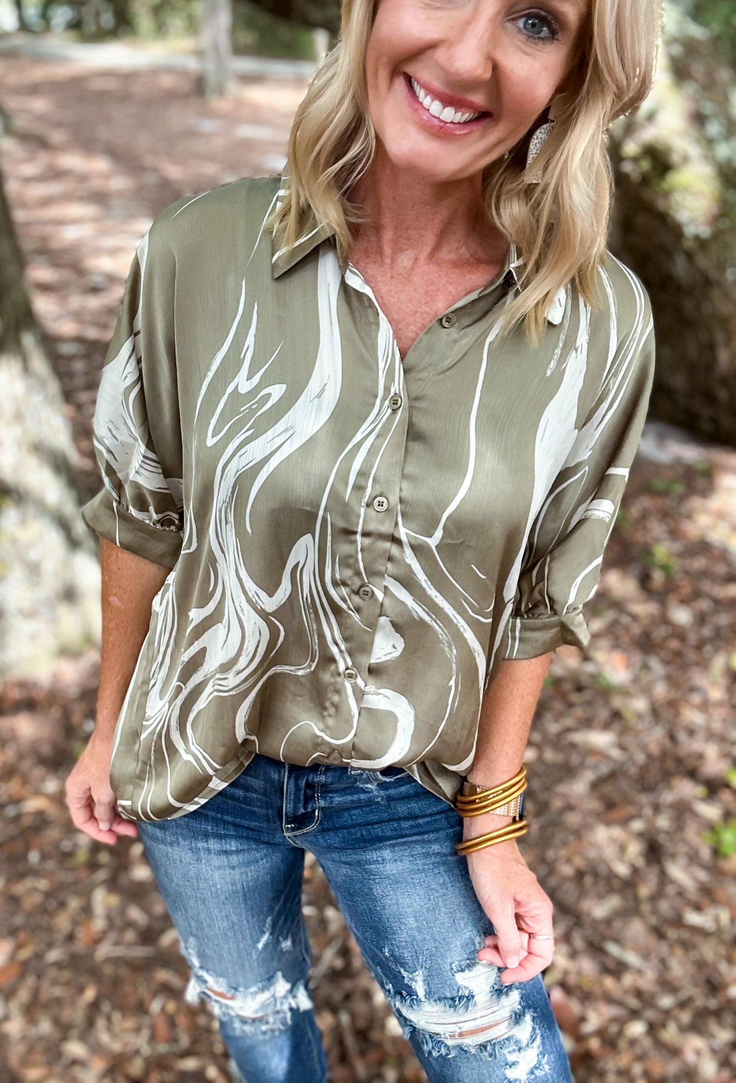 Satin Swirl Sage Button Up Blouse