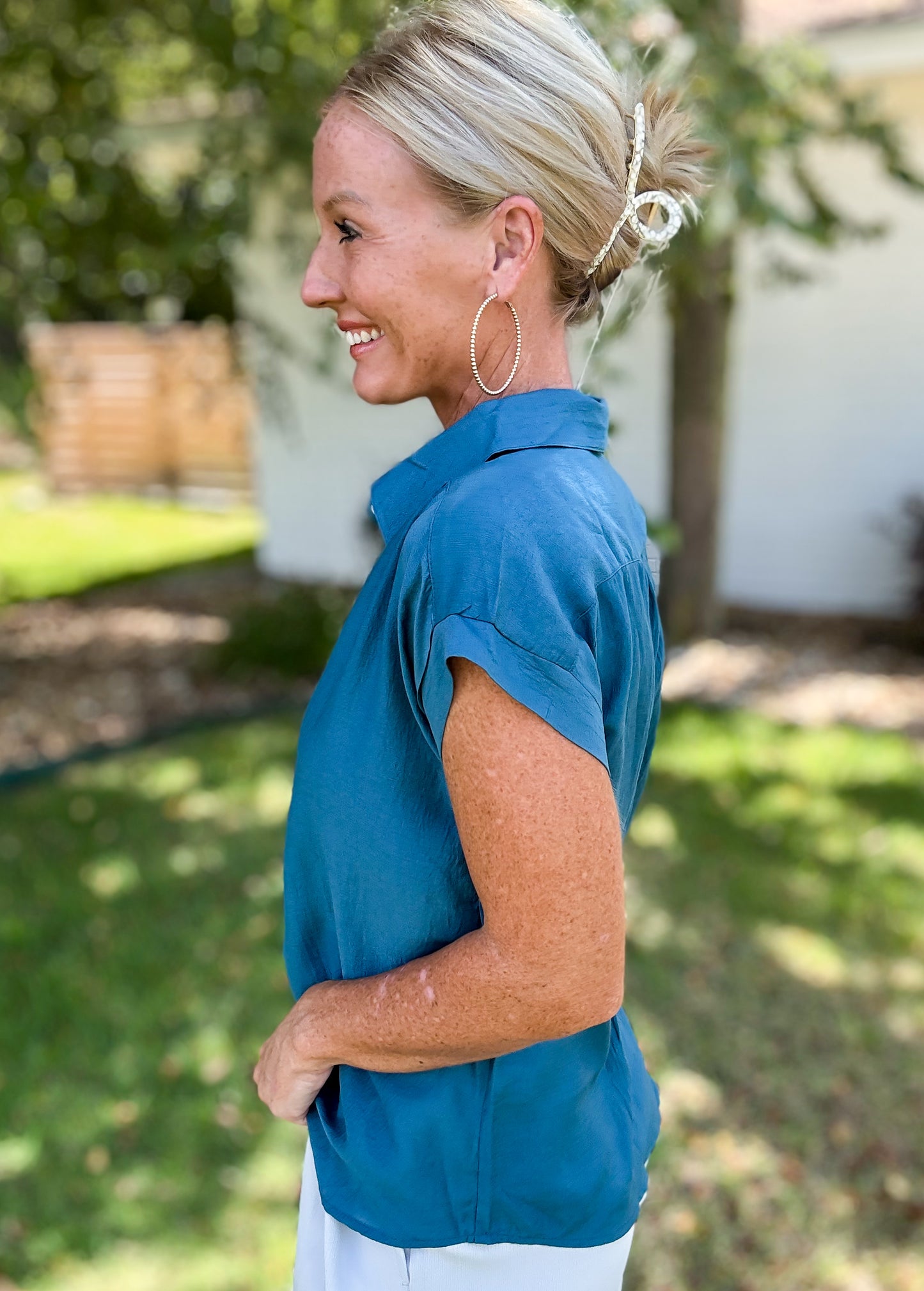 Teal Tempo Half Button Top