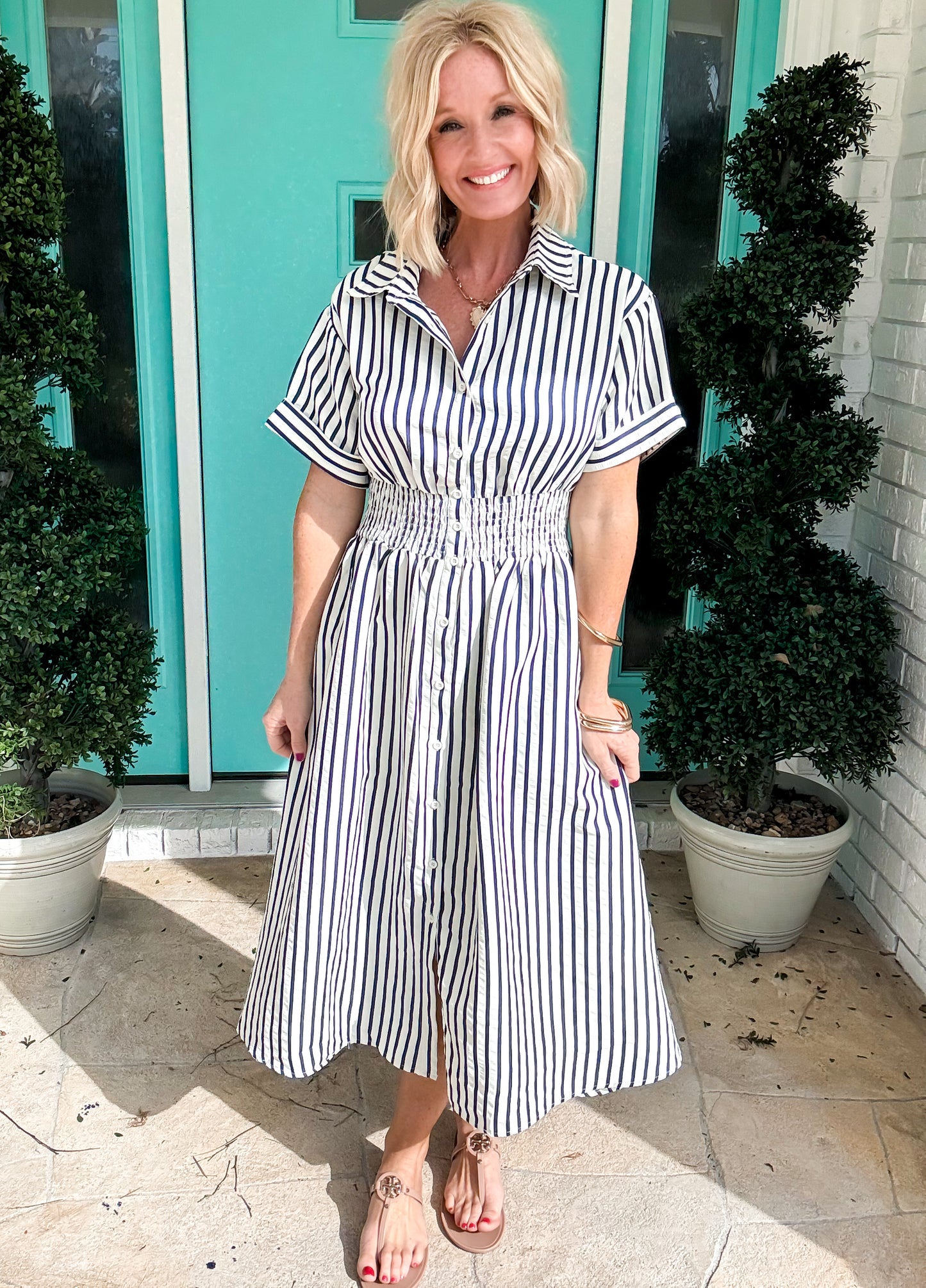 Harbor Stripe Smocked Midi Dress