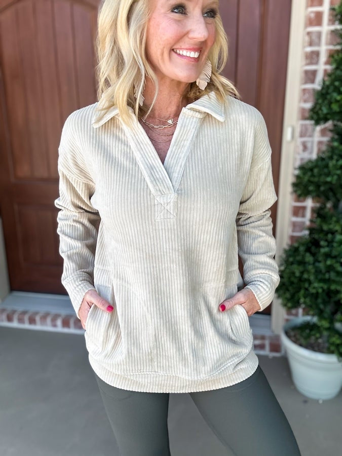 Mono B Stretchy Oatmeal Corduroy Pullover