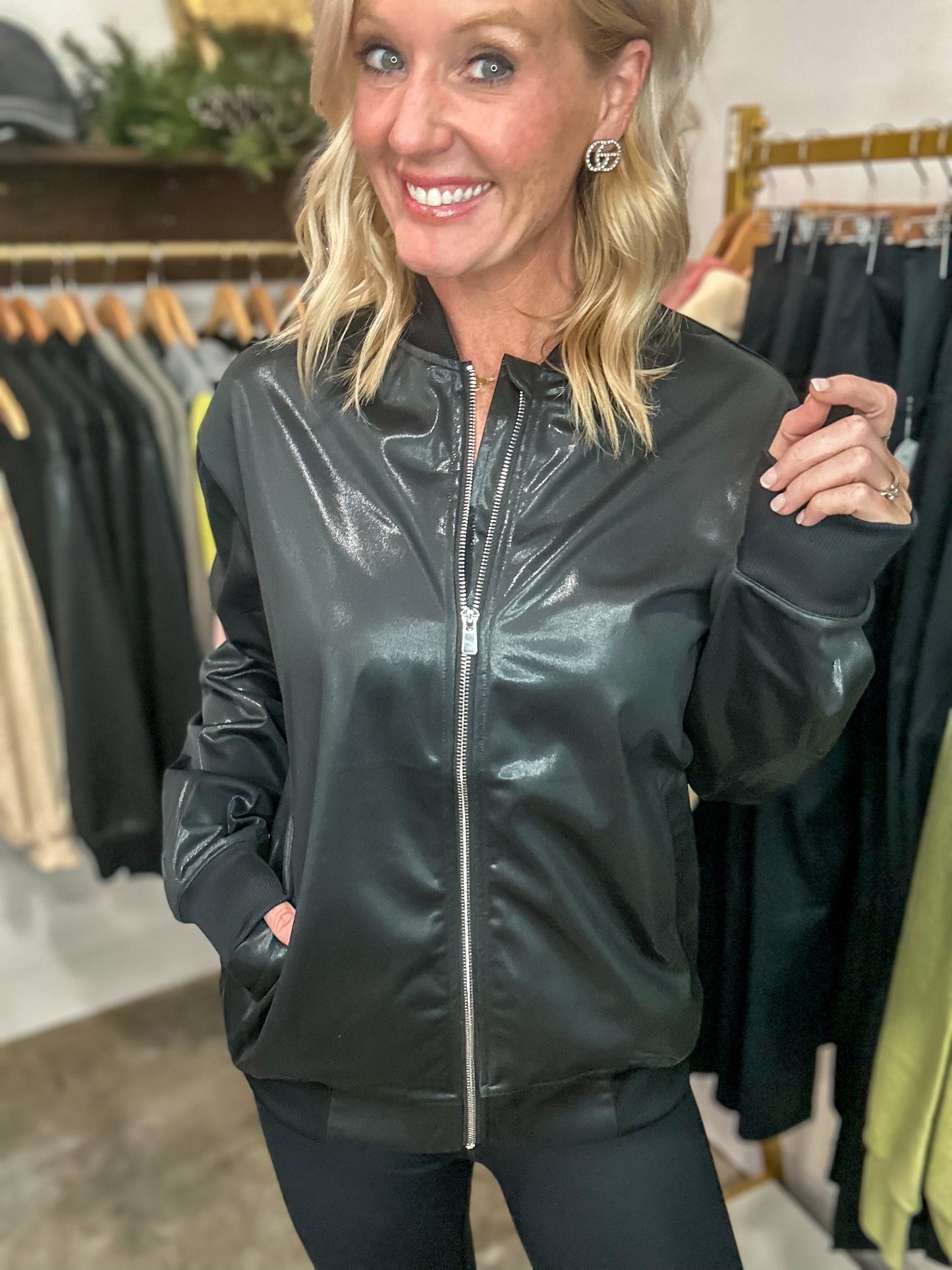 Lovely Leather Look Bomber Jacket