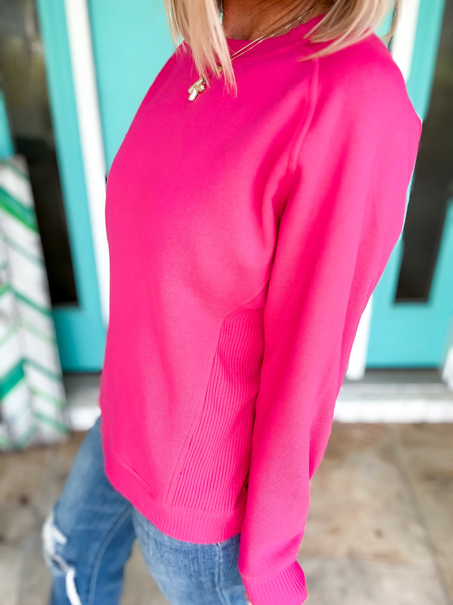 Think Pink Ribbed Side Pullover