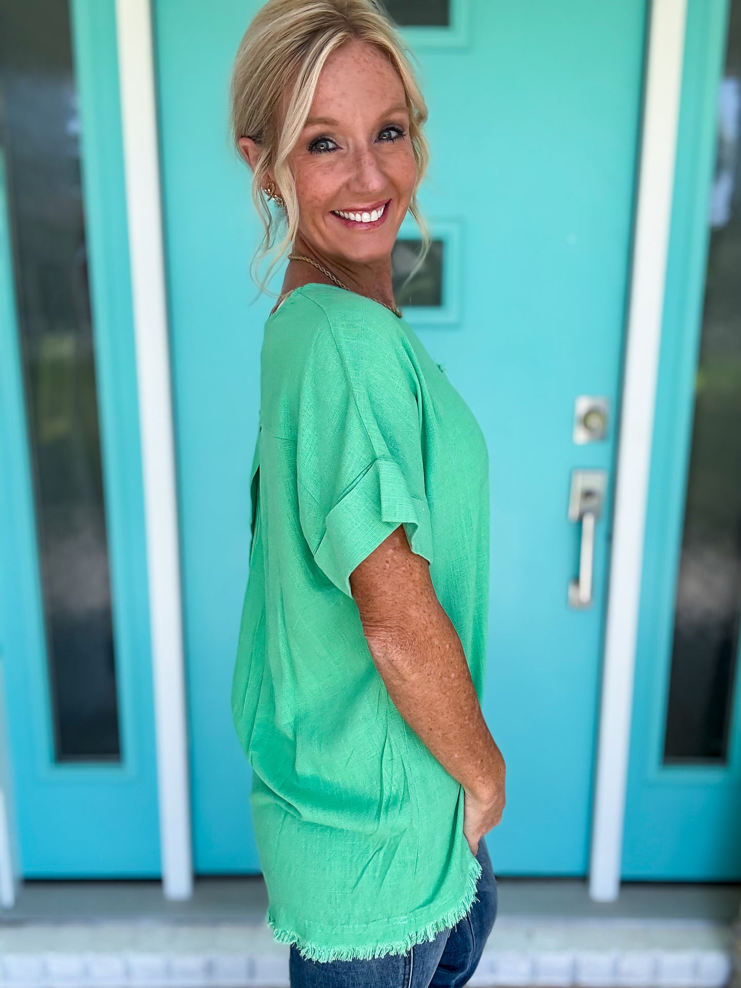 Worlds Spinning Frayed Hem Top by Umgee