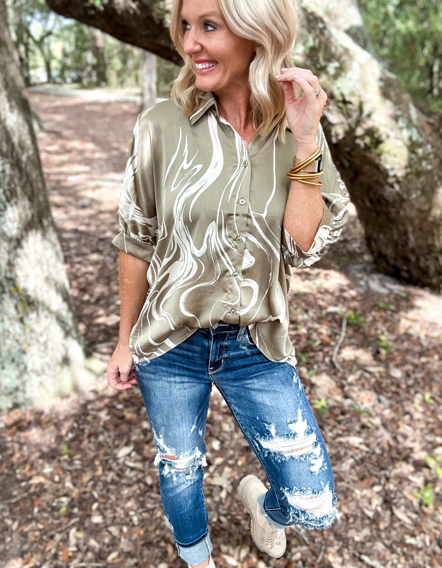Satin Swirl Sage Button Up Blouse