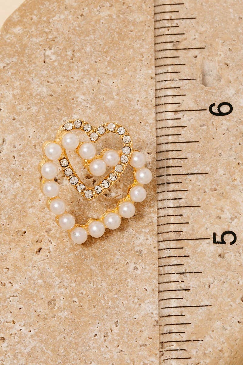 Pearl And Rhinestone Pave Layered Heart Dangle Earrings