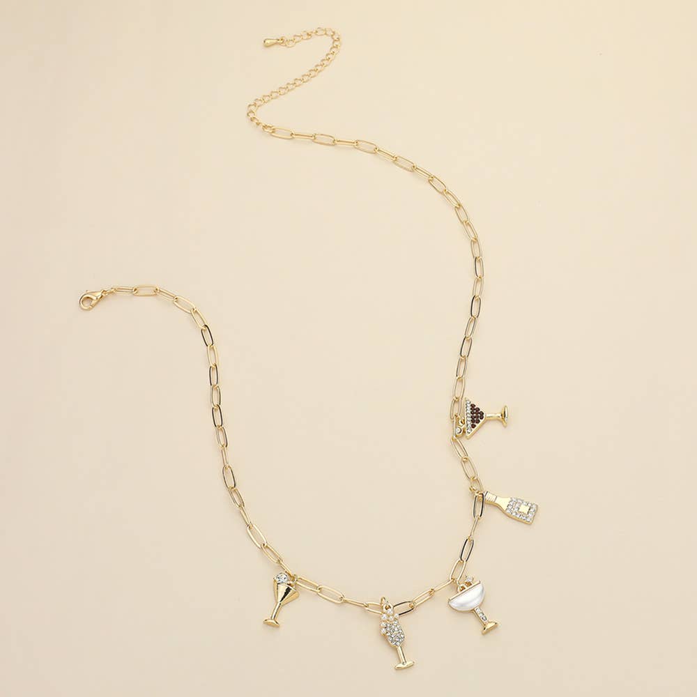 Stone Paved Cocktail Glass Bottle Charm Station Paperclip Chain Necklace
