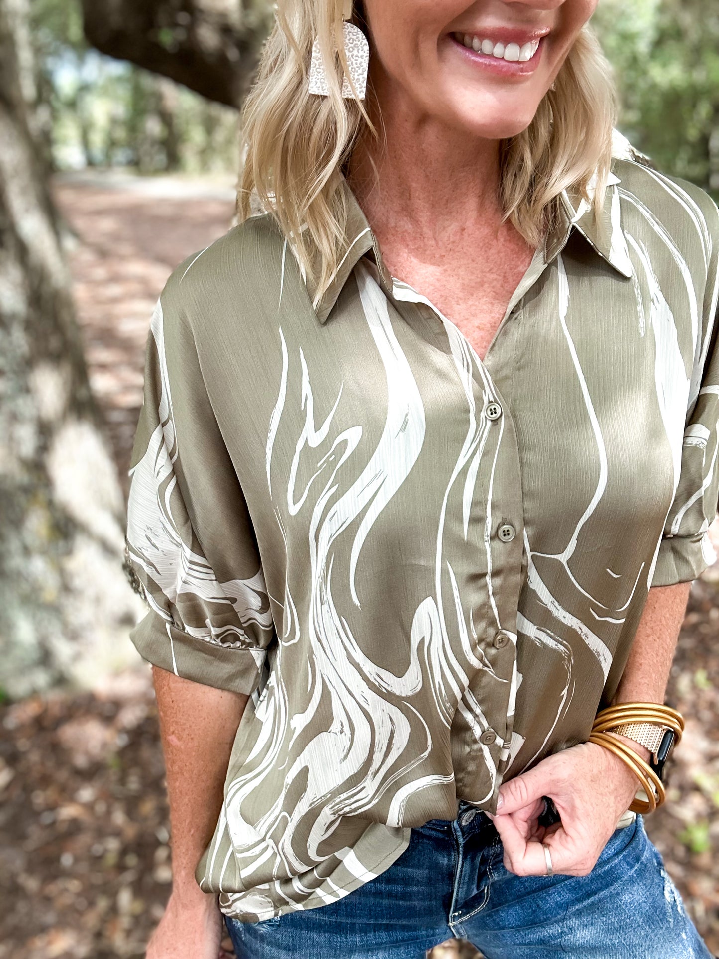 Satin Swirl Sage Button Up Blouse
