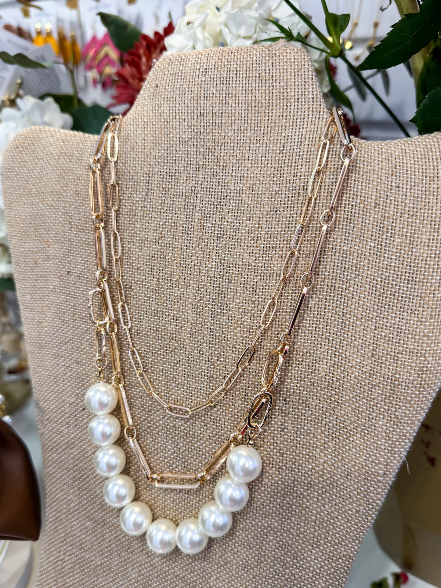 Triple Layered Paper Clip Pearl Necklace