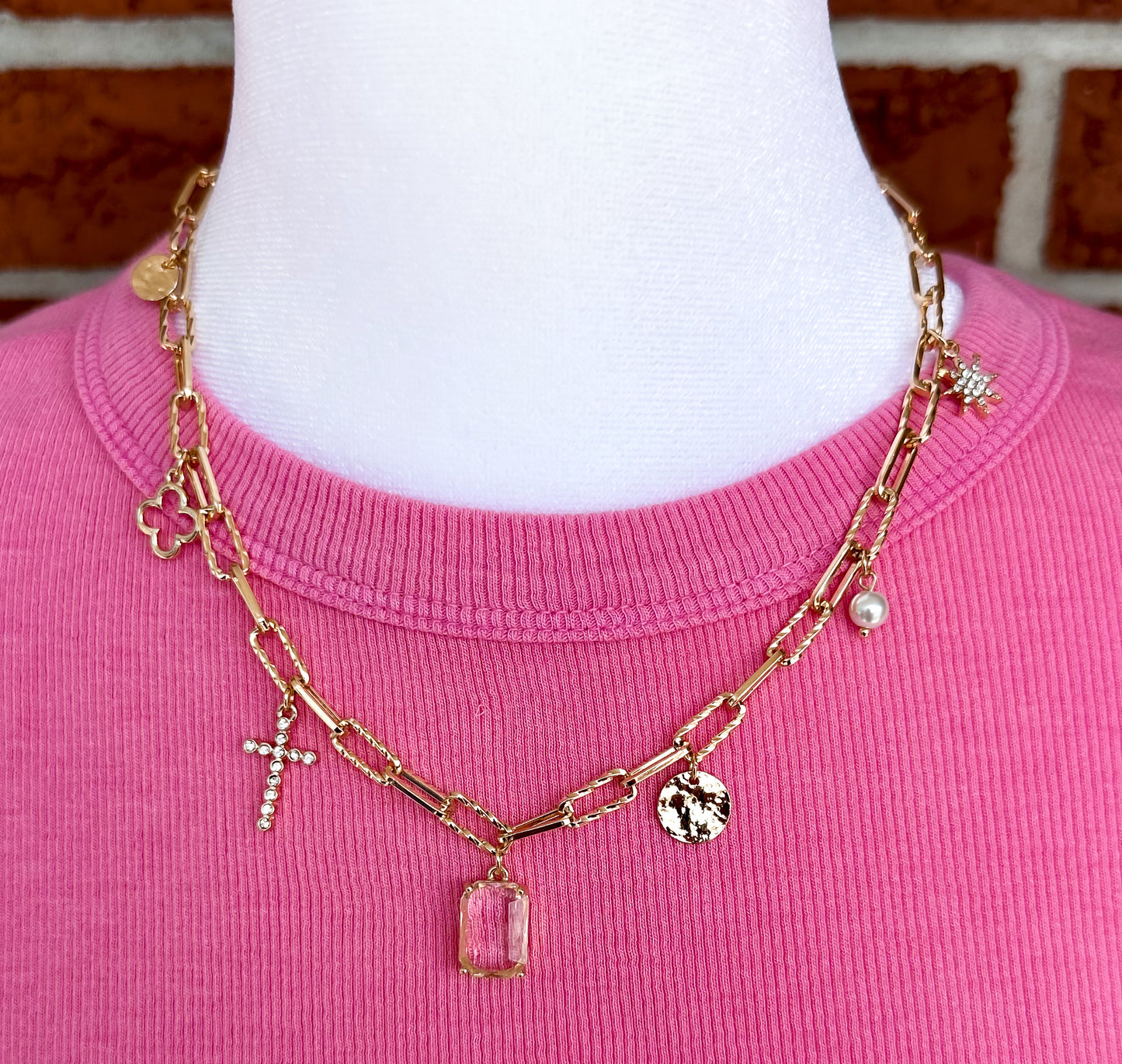 Crystal Coin Cross Charm Necklace