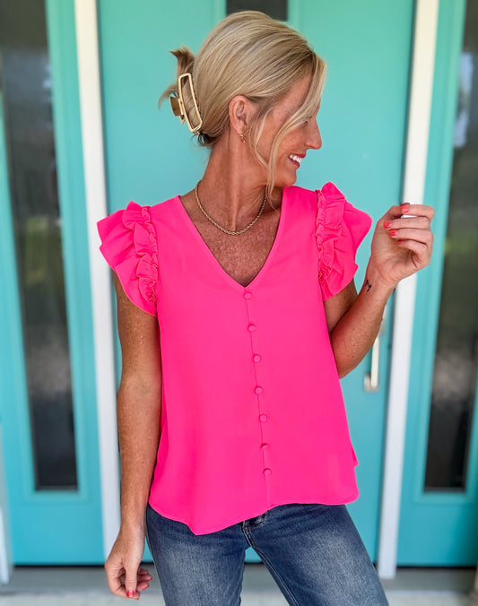 Hot Pink Flutter Sleeve Top