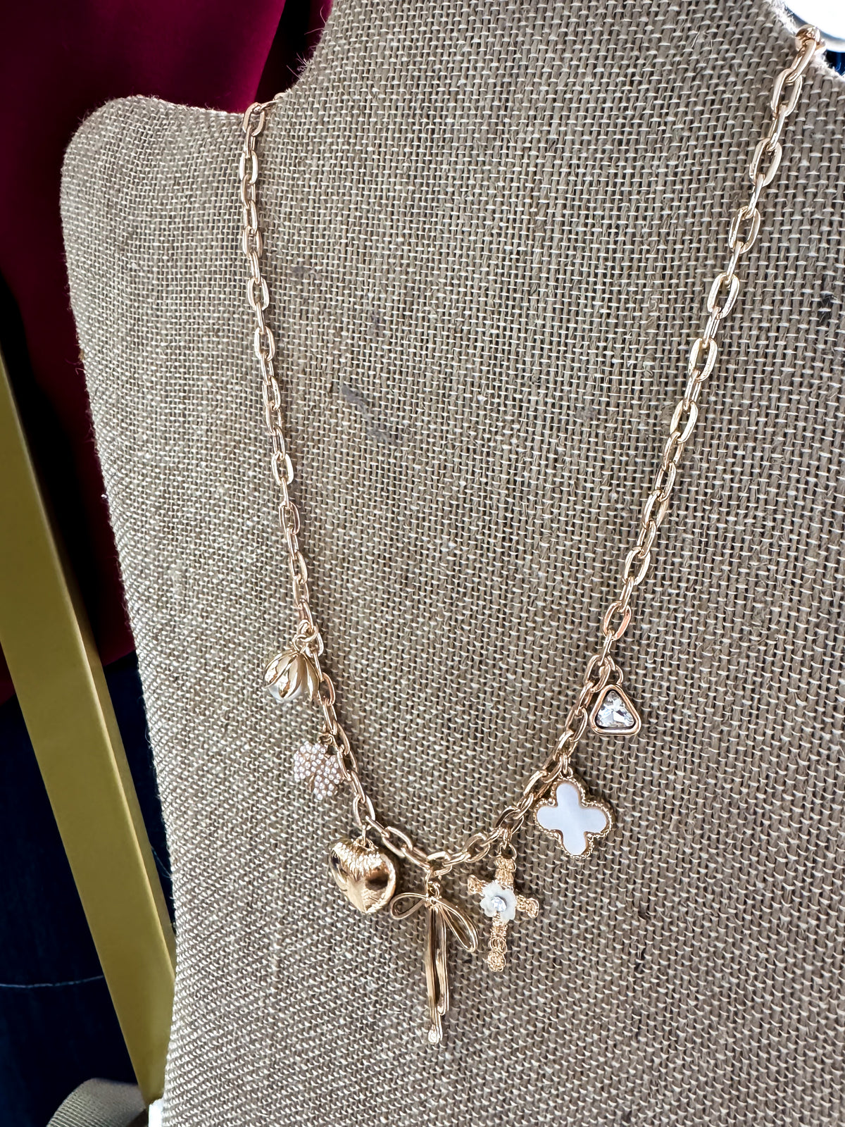 Bow + Cross + Pearl Flower Charm Necklace
