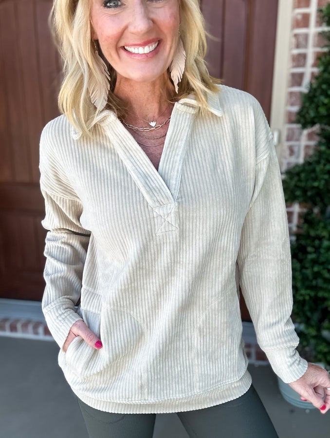 Mono B Stretchy Oatmeal Corduroy Pullover