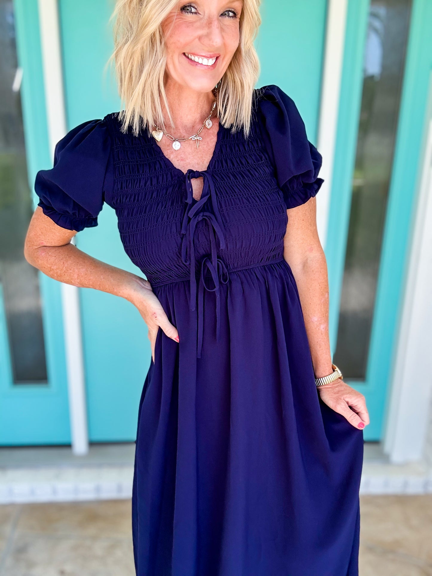 Puff & Tied Navy Dress
