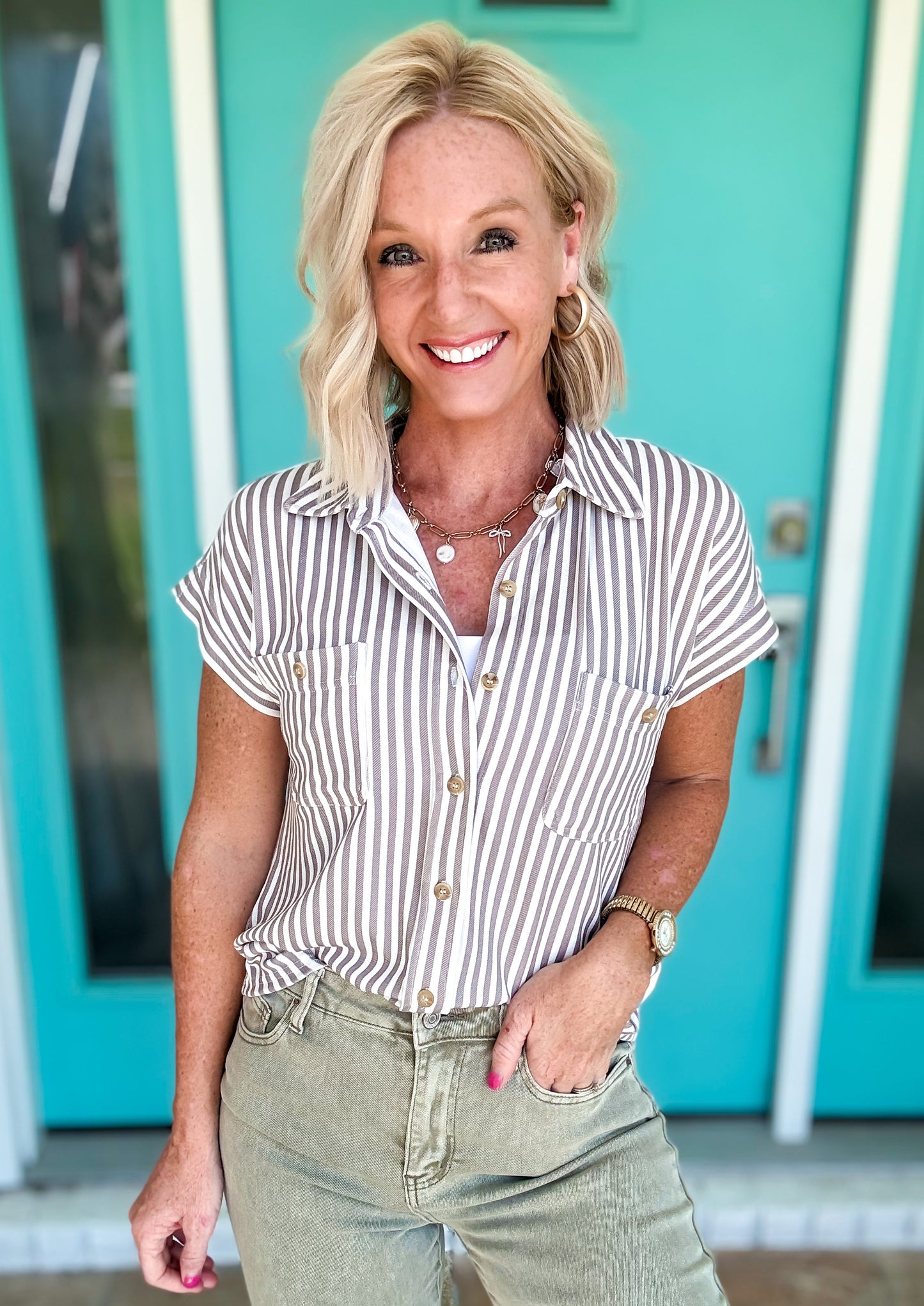 Sand Stoned Stretchy Button Up