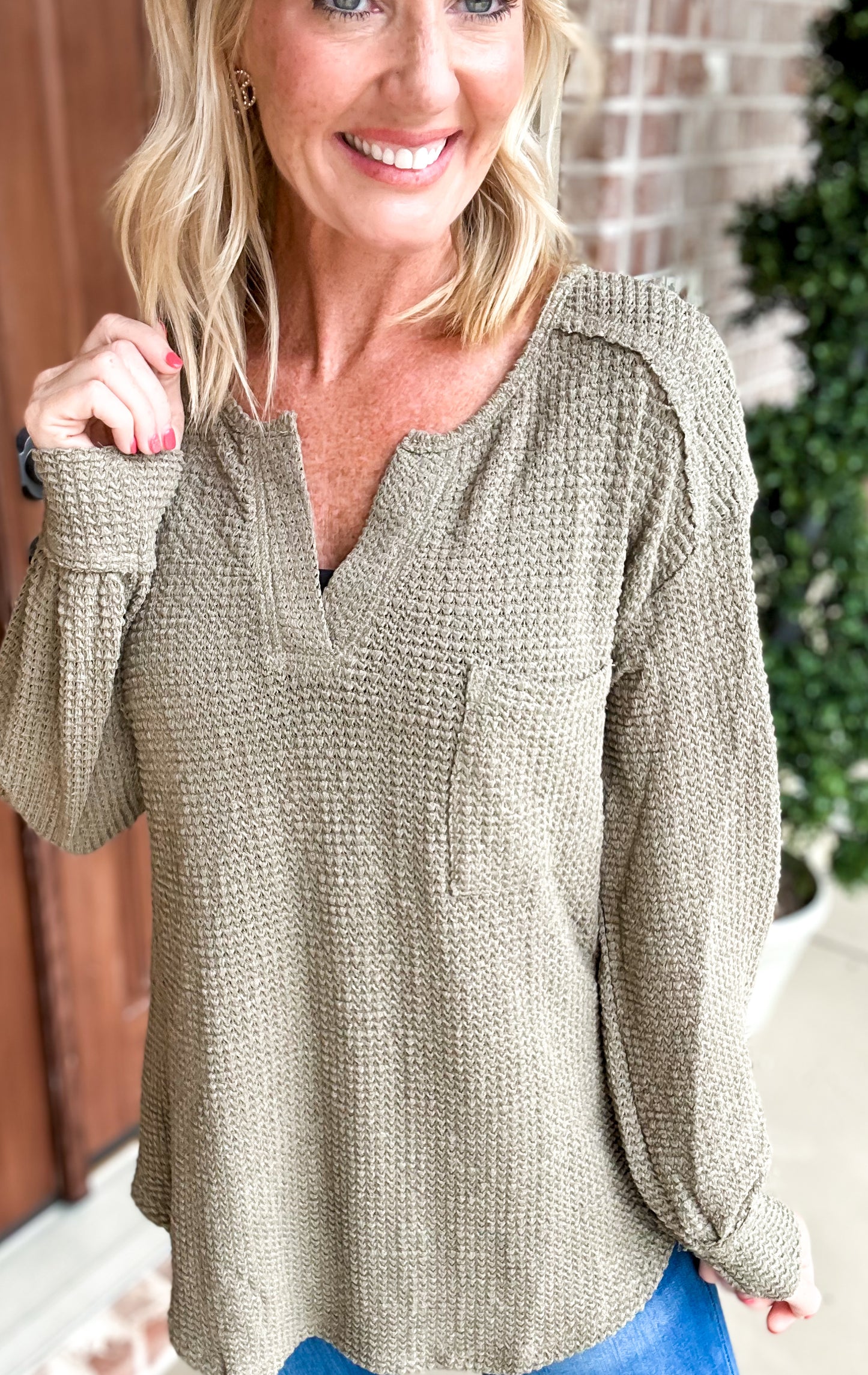 Winnie Waffle Knit One Pocket Top