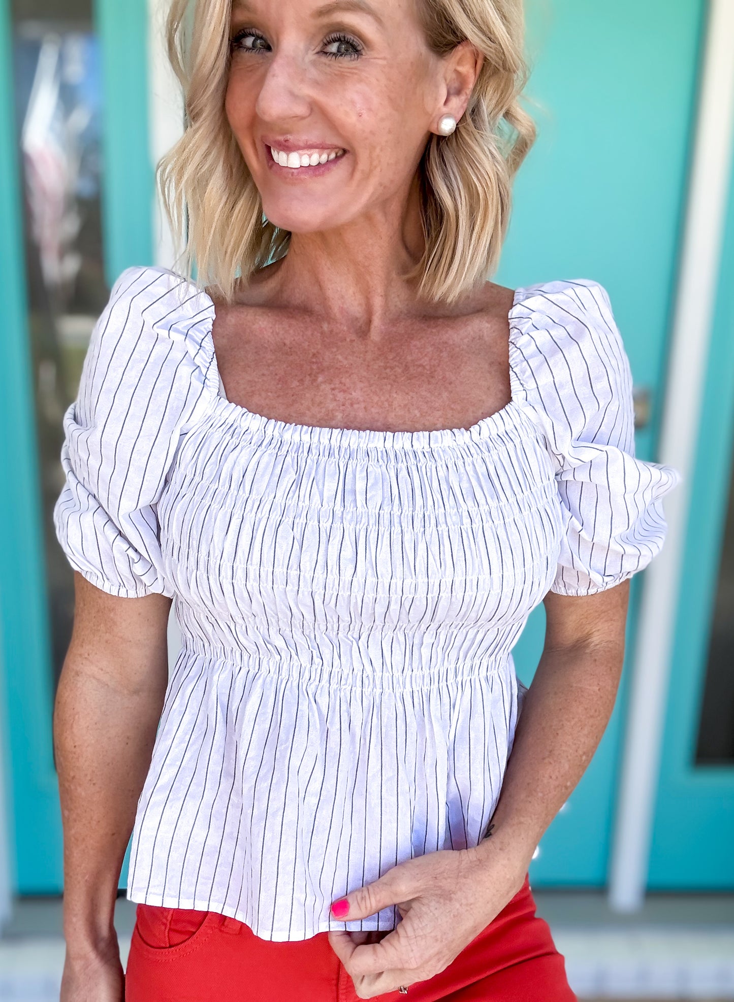 Striped Smocked Peplum Blouse