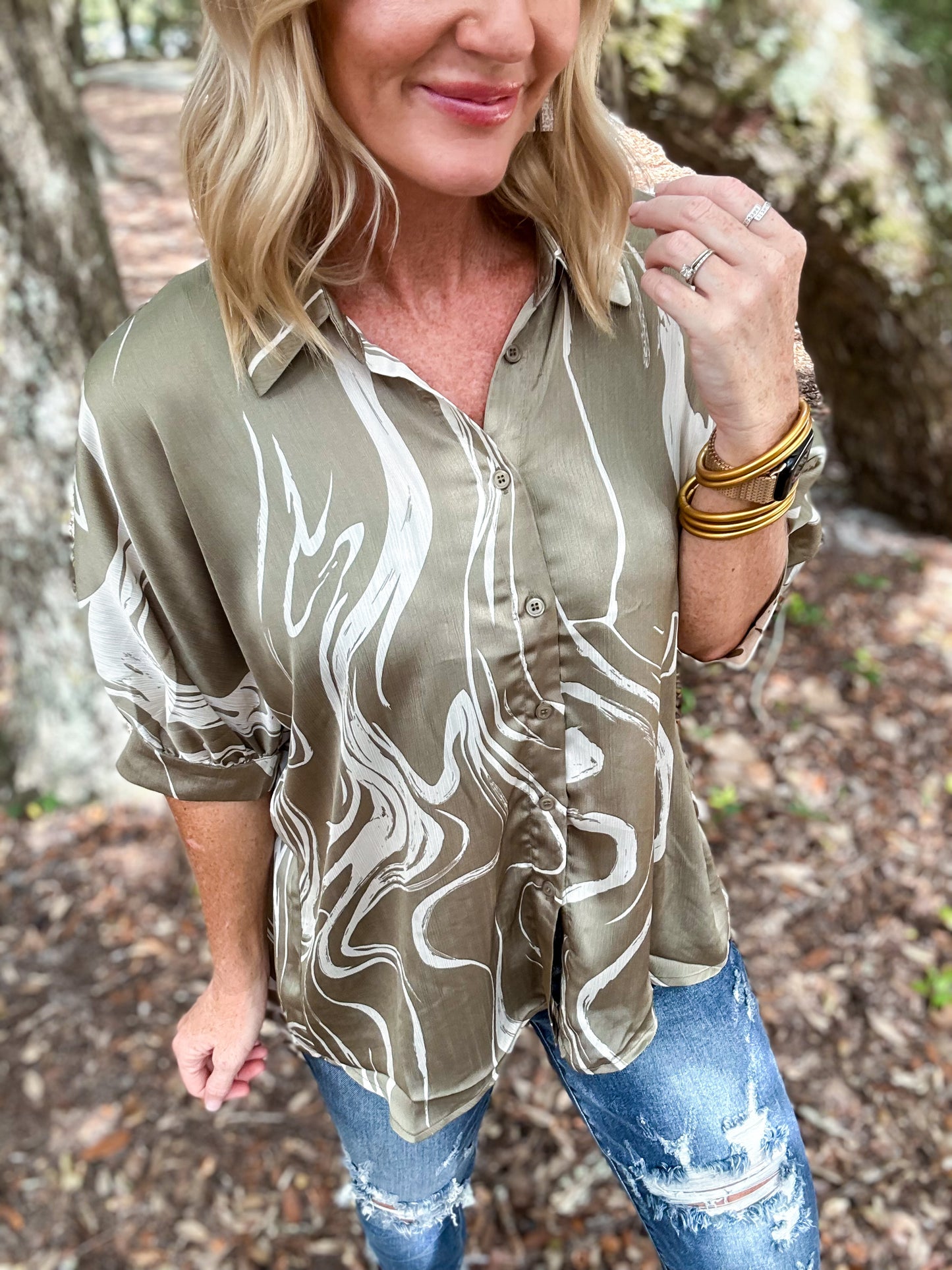 Satin Swirl Sage Button Up Blouse