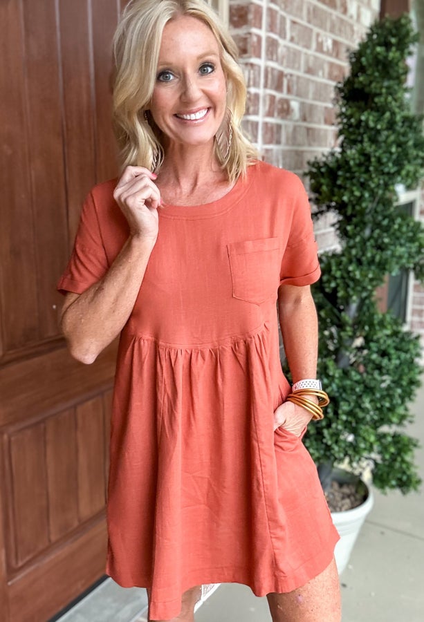 Walk On By Woven Rust Mini Dress