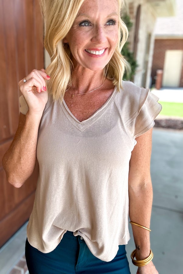 Radiating Ruffle Sleeve V neck Knit Top