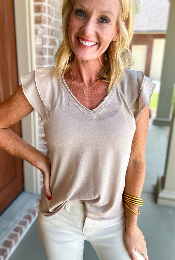 Radiating Ruffle Sleeve V neck Knit Top