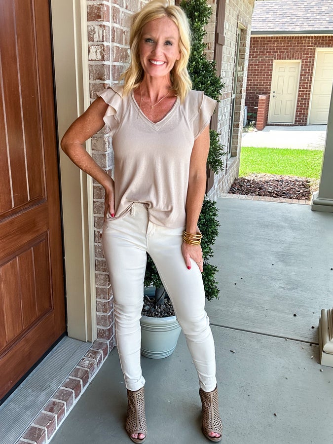 Radiating Ruffle Sleeve V neck Knit Top