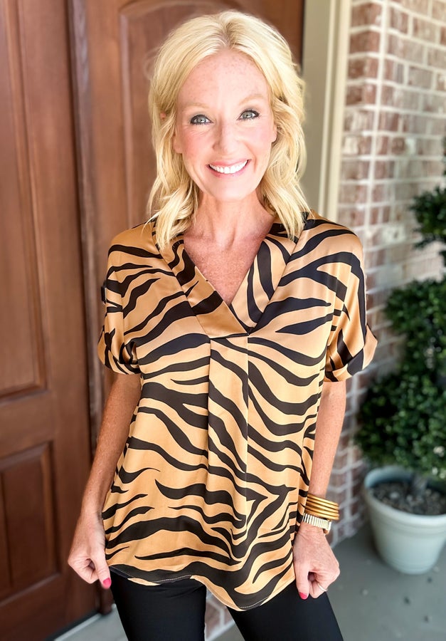 Satin Tiger Print V Neck Top