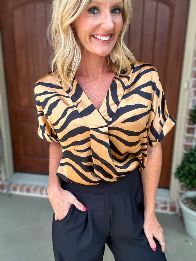 Satin Tiger Print V Neck Top