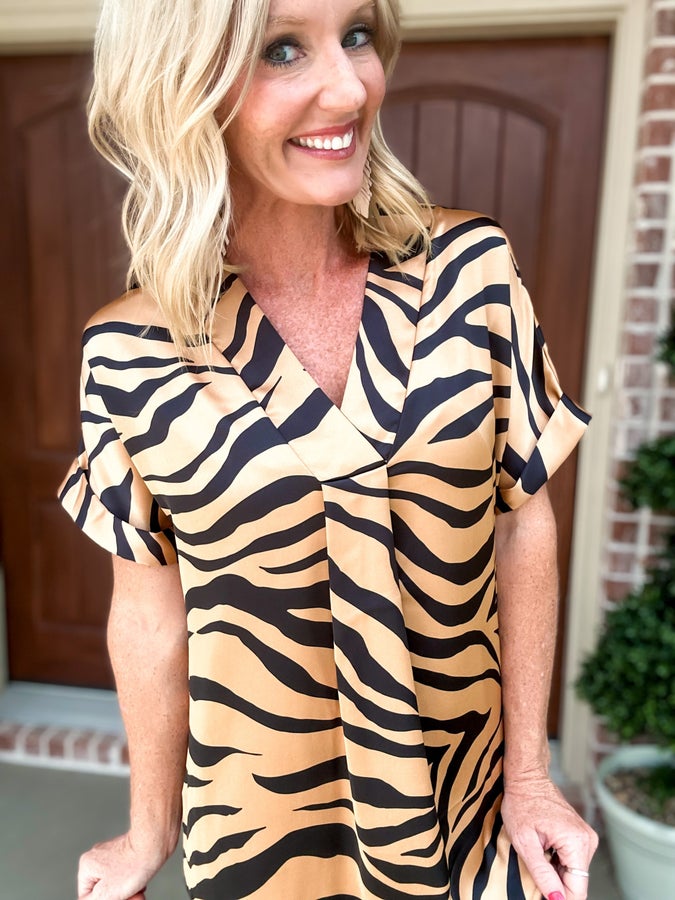 Satin Tiger Print V Neck Top