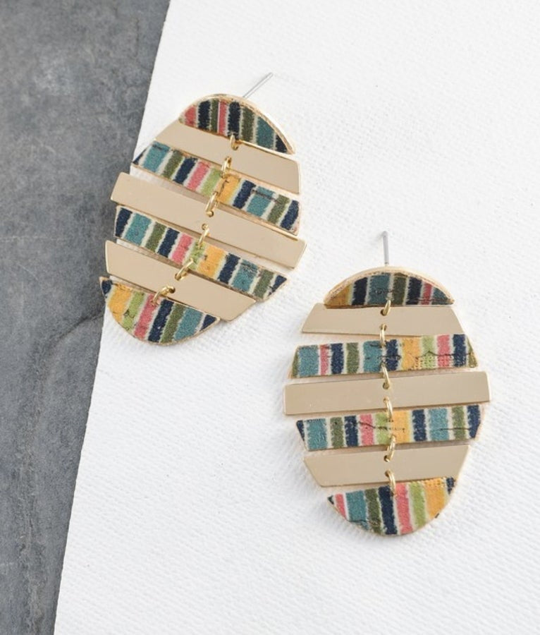 Gold Striped Print Oval Drop Earrings
