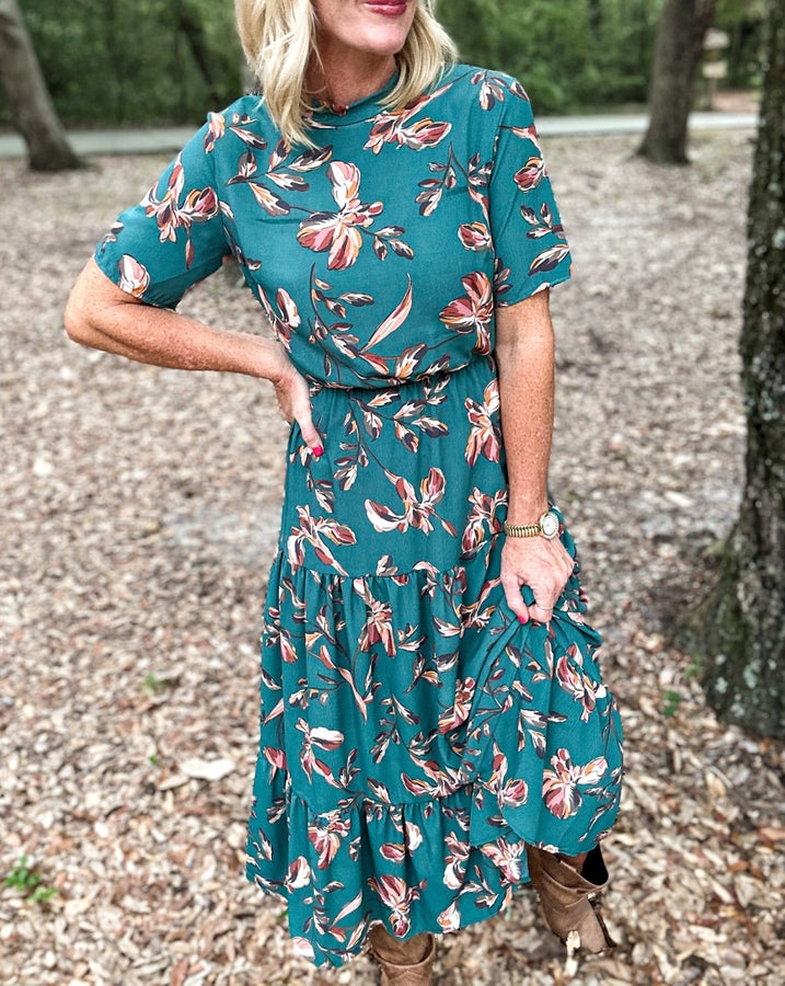 Fall Floral Teal Midi Dress