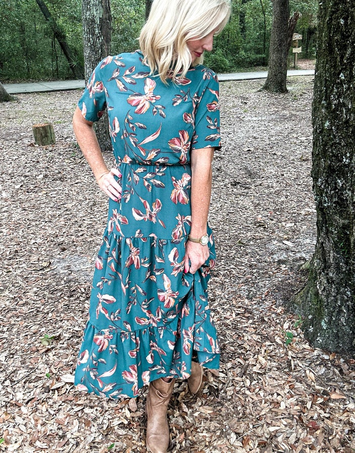 Fall Floral Teal Midi Dress