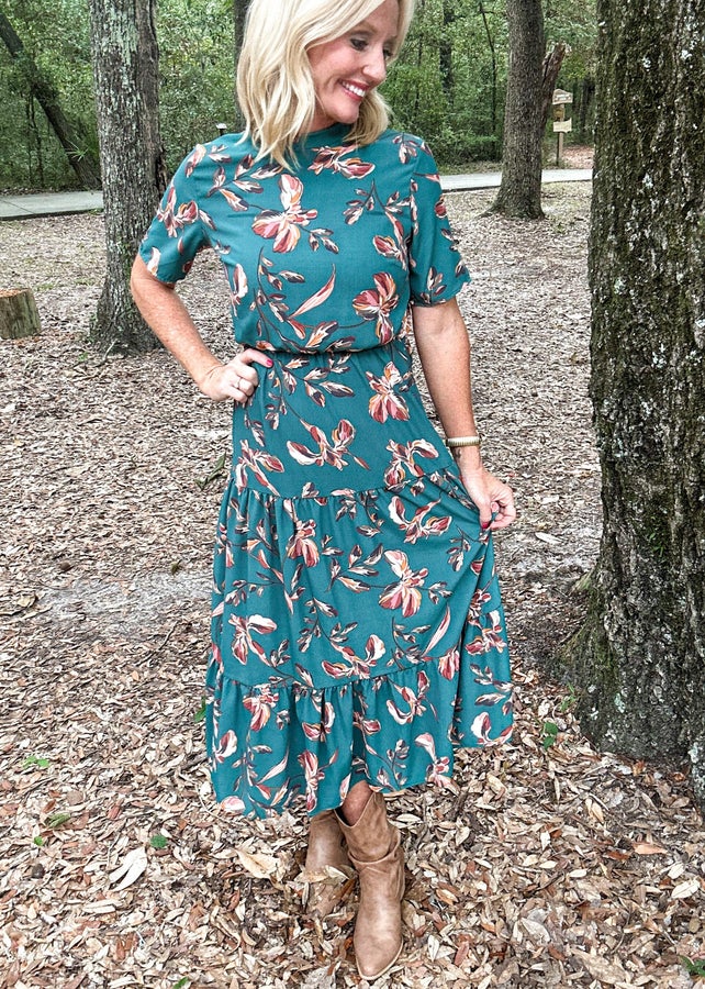 Fall Floral Teal Midi Dress