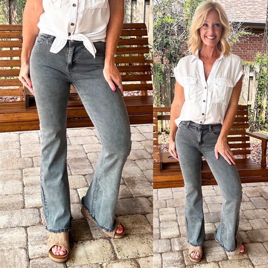 Addie Acid Washed Frayed Hem Bootcut Pants