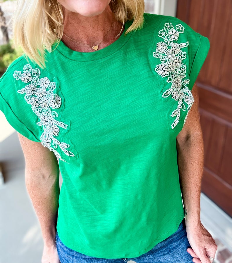 Get Your Shine On Green Rhinestone Top