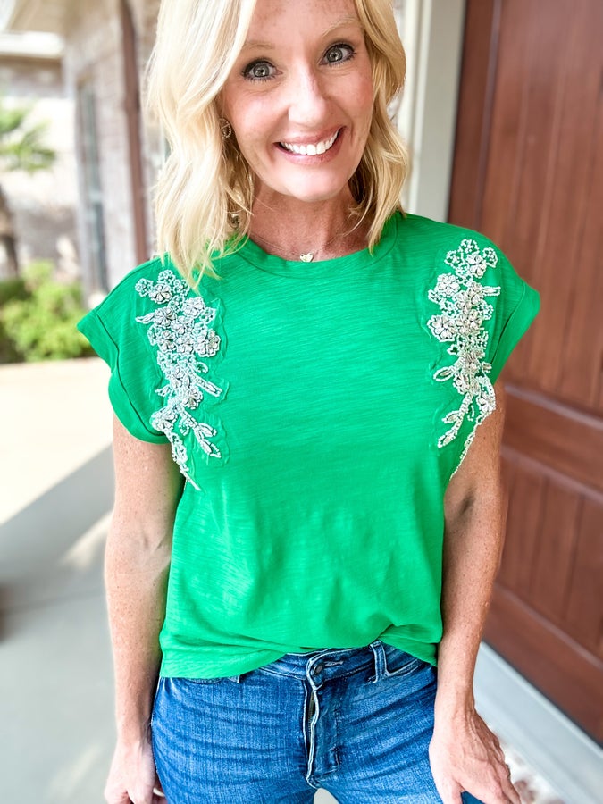 Get Your Shine On Green Rhinestone Top