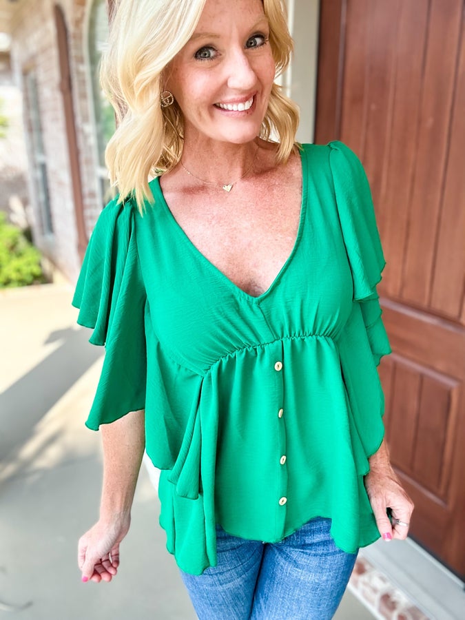 Let the Ruffle Sleeve Begin V Neck Top
