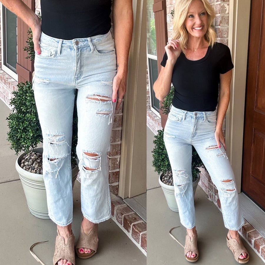 Beverley High Rise Distressed Straight Leg Jeans