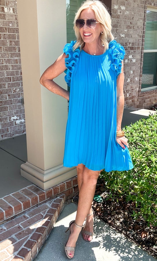Blue Ocean Waves Pleated Dress