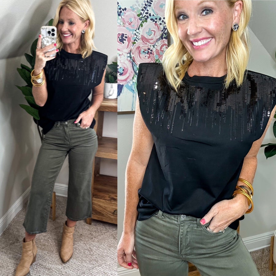 Sleeveless Padded Shoulder Sequin Top