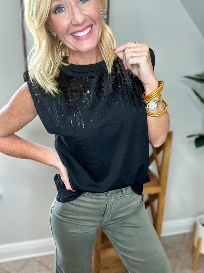 Sleeveless Padded Shoulder Sequin Top