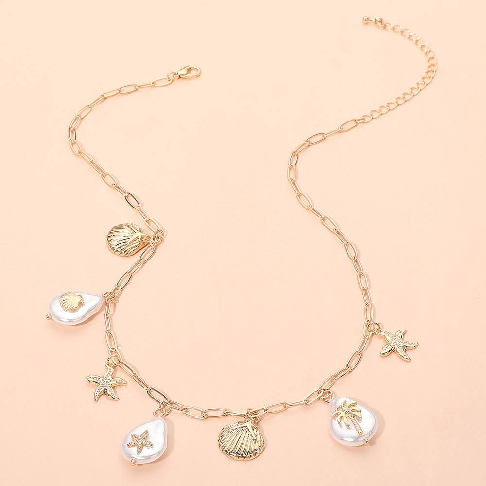 Starfish Shell Palm Tree Pearl Charm Station Paperclip Chain Necklace