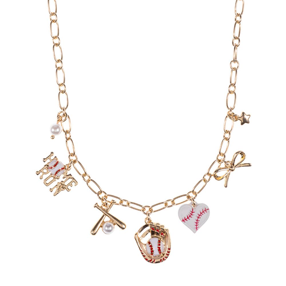 Baseball Pearl Bow Charm Necklace