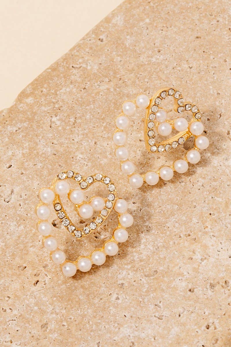 Pearl And Rhinestone Pave Layered Heart Dangle Earrings