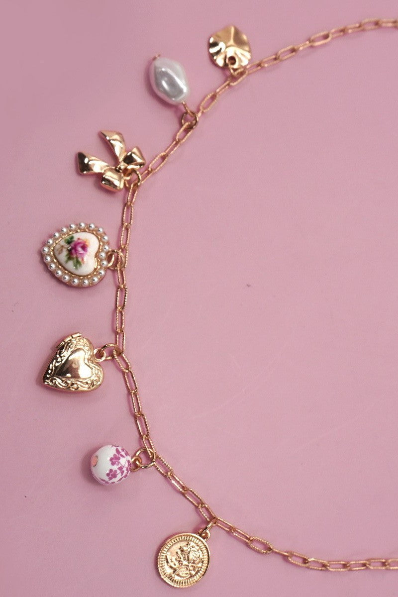 Ceramic Bow Heart Charm Link Necklace