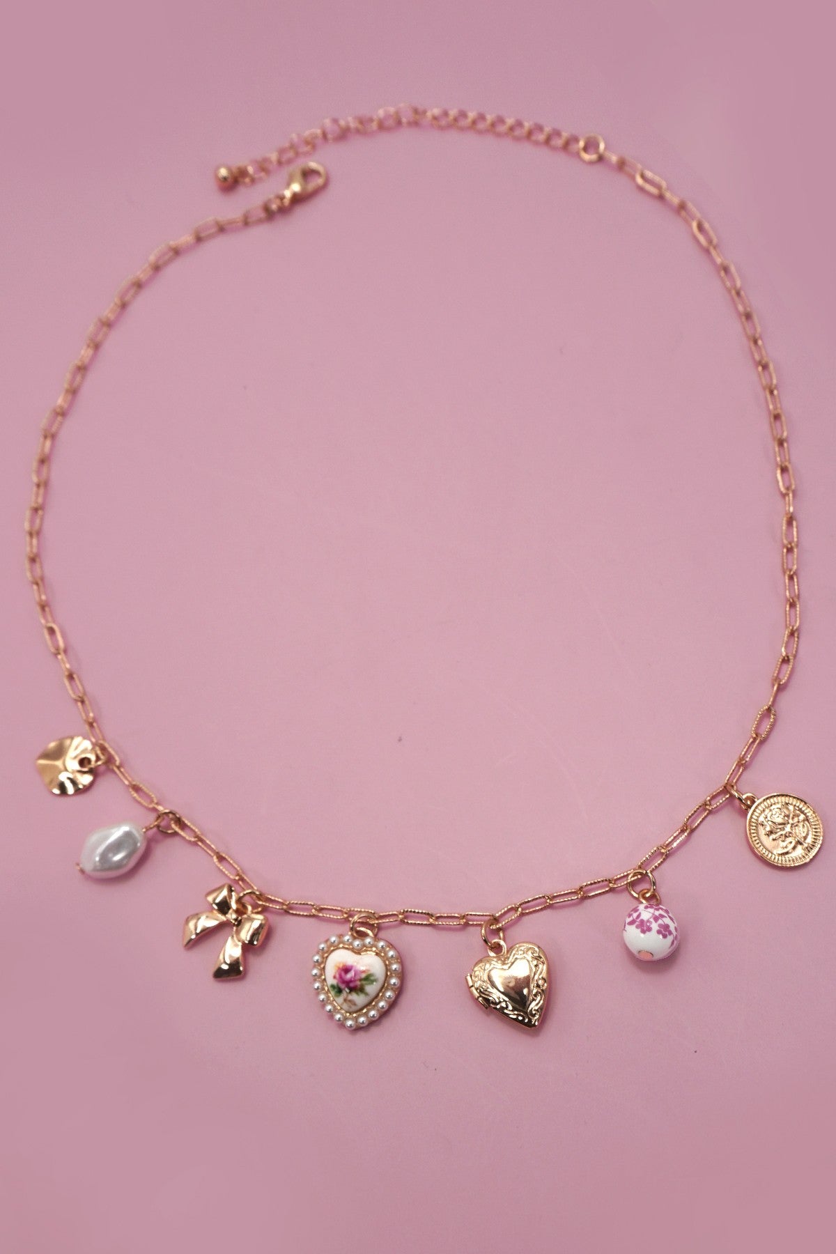 Ceramic Bow Heart Charm Link Necklace