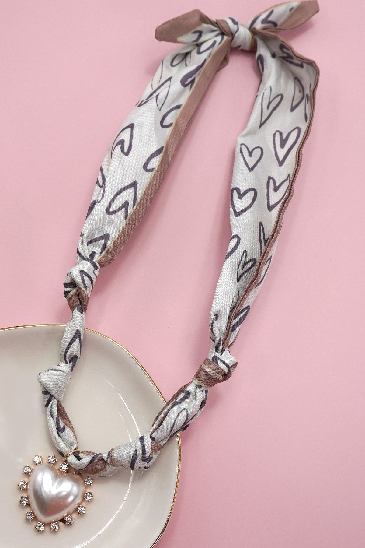 Pearl Rhinestone Heart Handmade Scarf Necklace