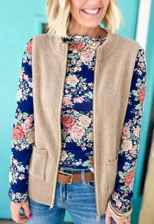 Honey Oat Zip Up Sweater Vest
