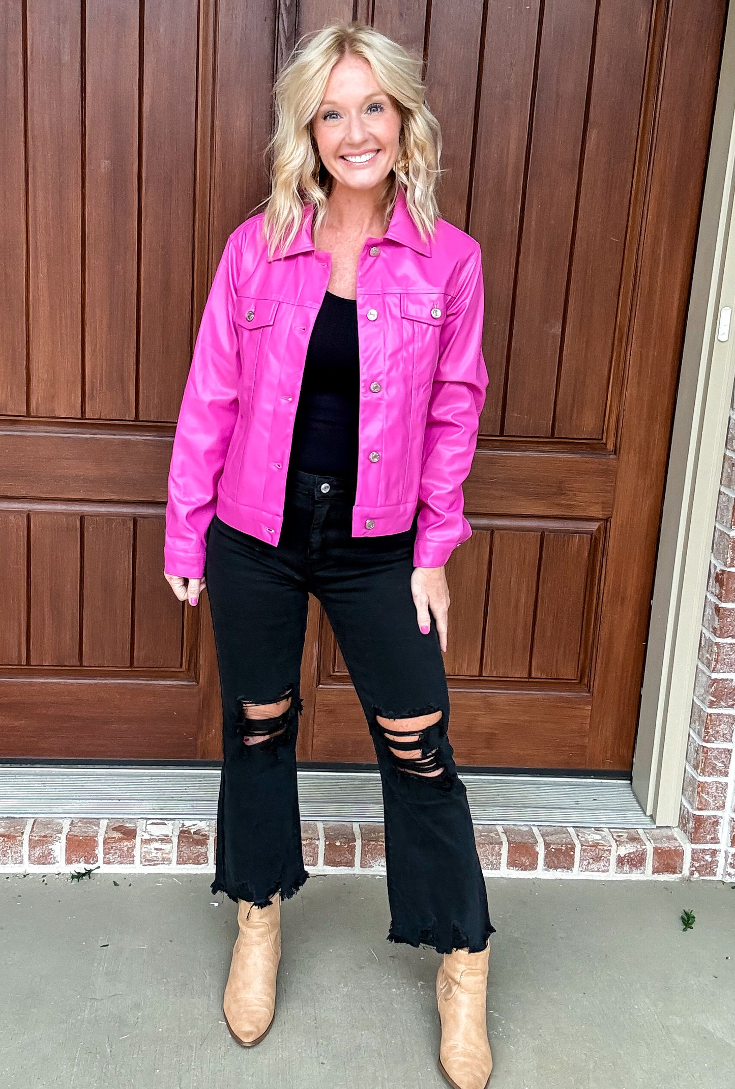 Pleather Button Down Jacket -- Pink