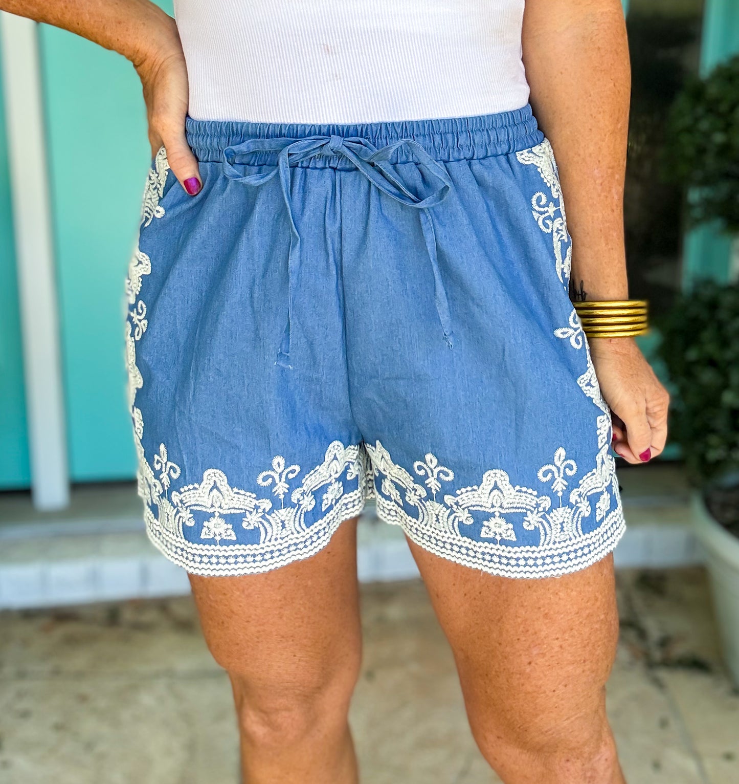 Chambray Embroidered Shorts